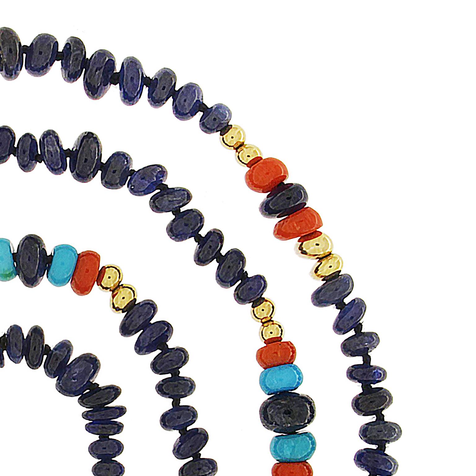 Ball-Halskette aus 18 Karat Gelbgold mit Saphir Rondelle, roter Koralle und Türkis (Perle) im Angebot