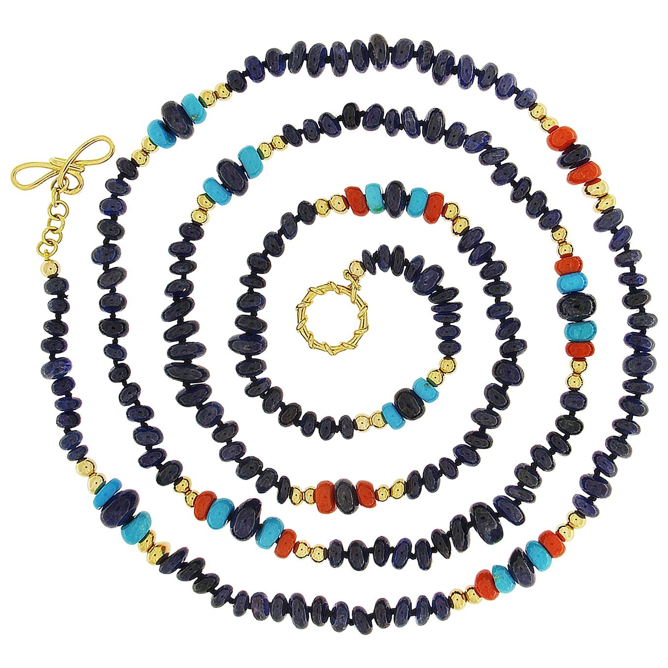 Sapphire Rondelle, Red Coral, and Turquoise 18K Yellow Gold Ball Necklace For Sale