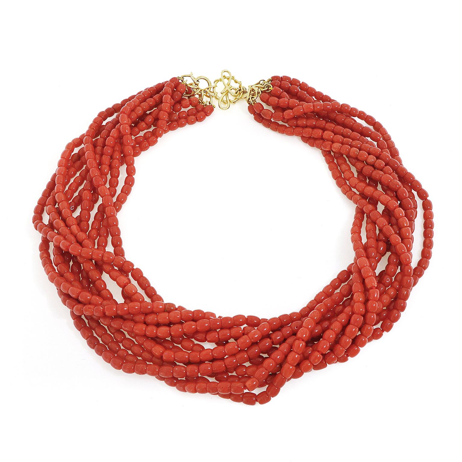 Bead Ten Strand Sardinian Red Coral 18K Yellow Gold Necklace For Sale