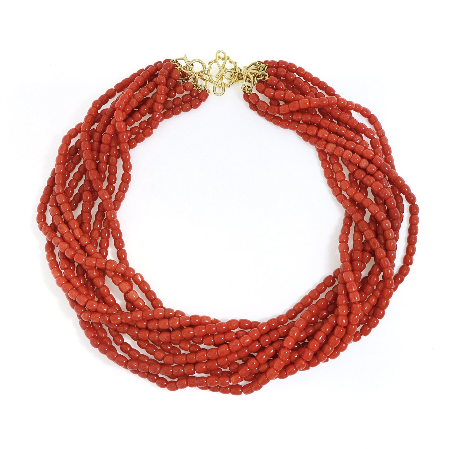 Collar de diez vueltas de oro amarillo de 18 quilates con coral rojo de Cerdeña