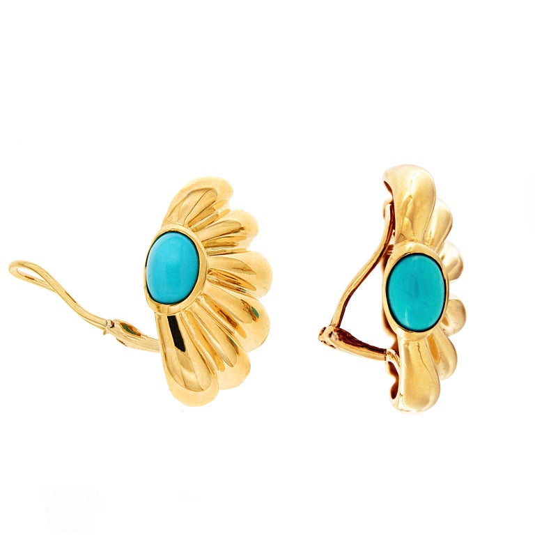 Valentin Magro Sea Fan Gold Earrings with Cabochon Turquoise For Sale