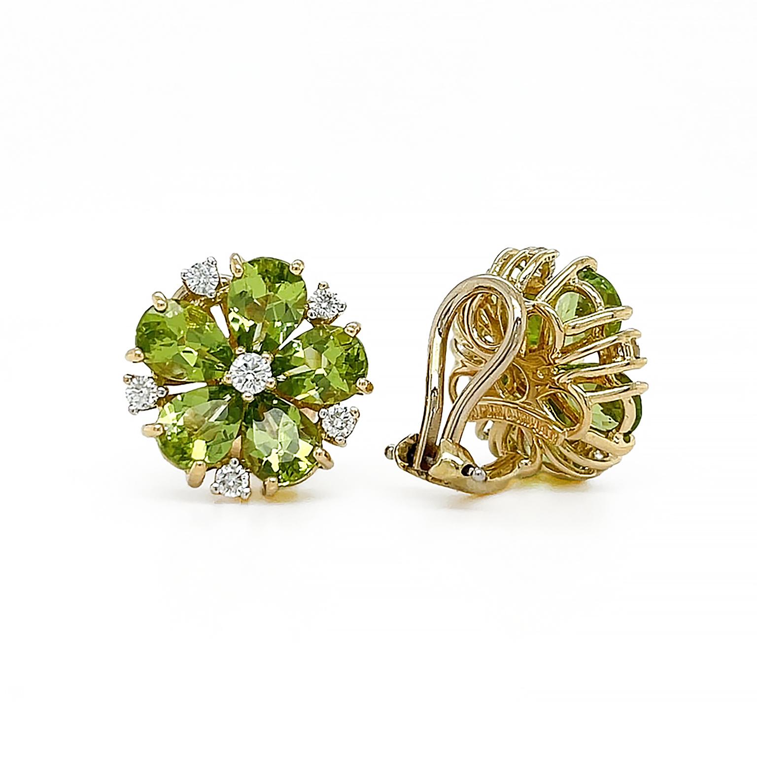 Pear Cut Small Peridot and Diamond Cluster Earrings in 18K Yellow Gold For Sale