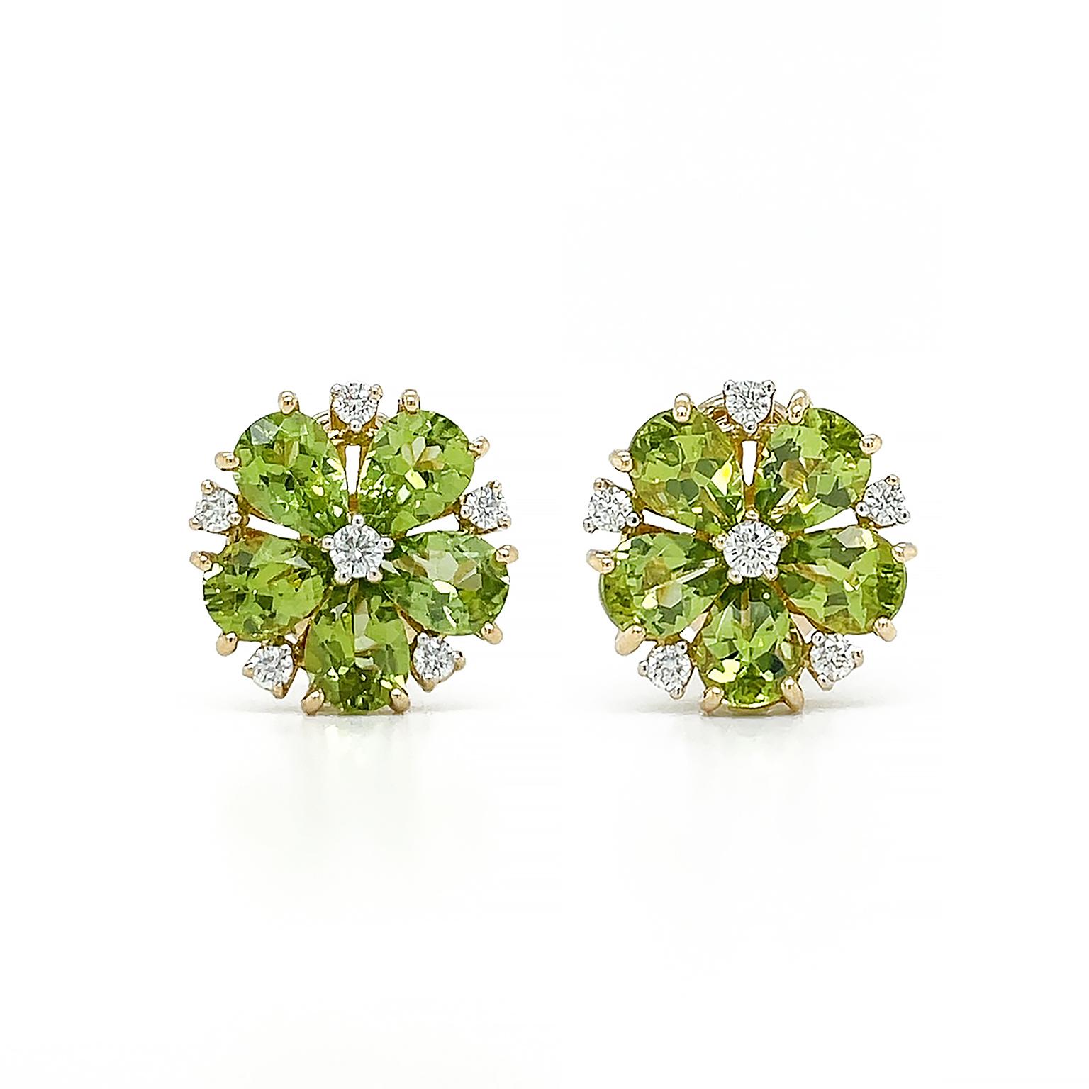 Women's Small Peridot and Diamond Cluster Earrings in 18K Yellow Gold For Sale