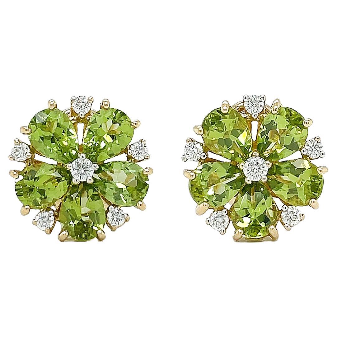 Small Peridot and Diamond Cluster Earrings in 18K Yellow Gold