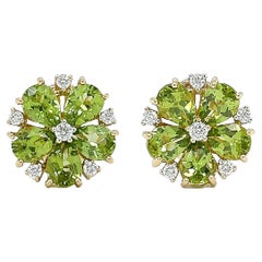 Small Peridot and Diamond Cluster Earrings in 18K Yellow Gold