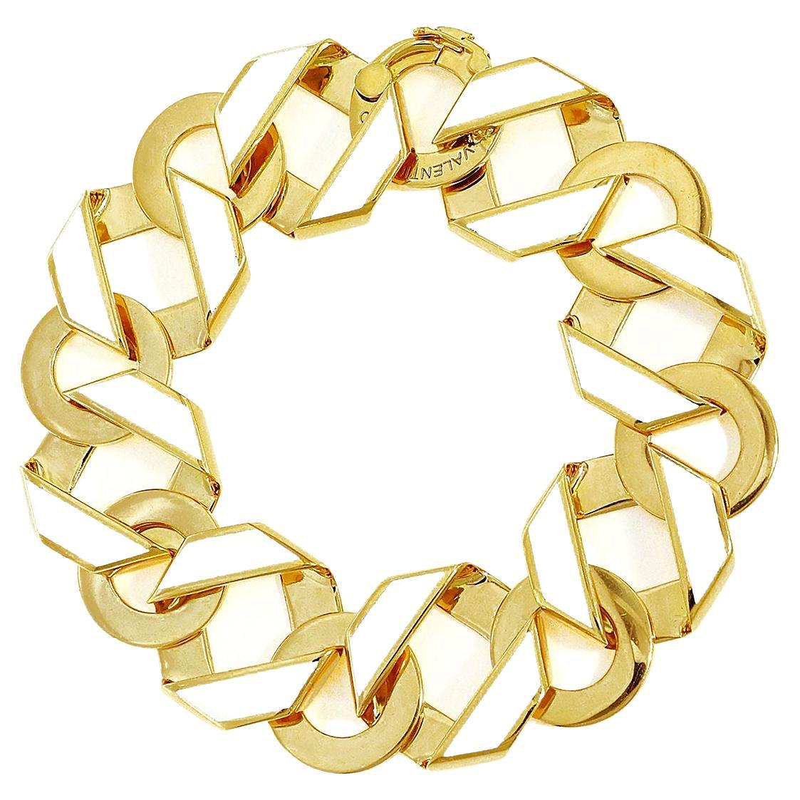 Fold Over White Enamel 18K Yellow Gold Chain Link Bracelet