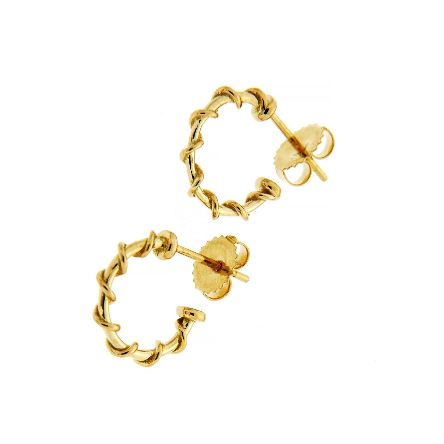 Women's or Men's Small 18K Yellow Gold Nautical Rope Hoop Earrings For Sale