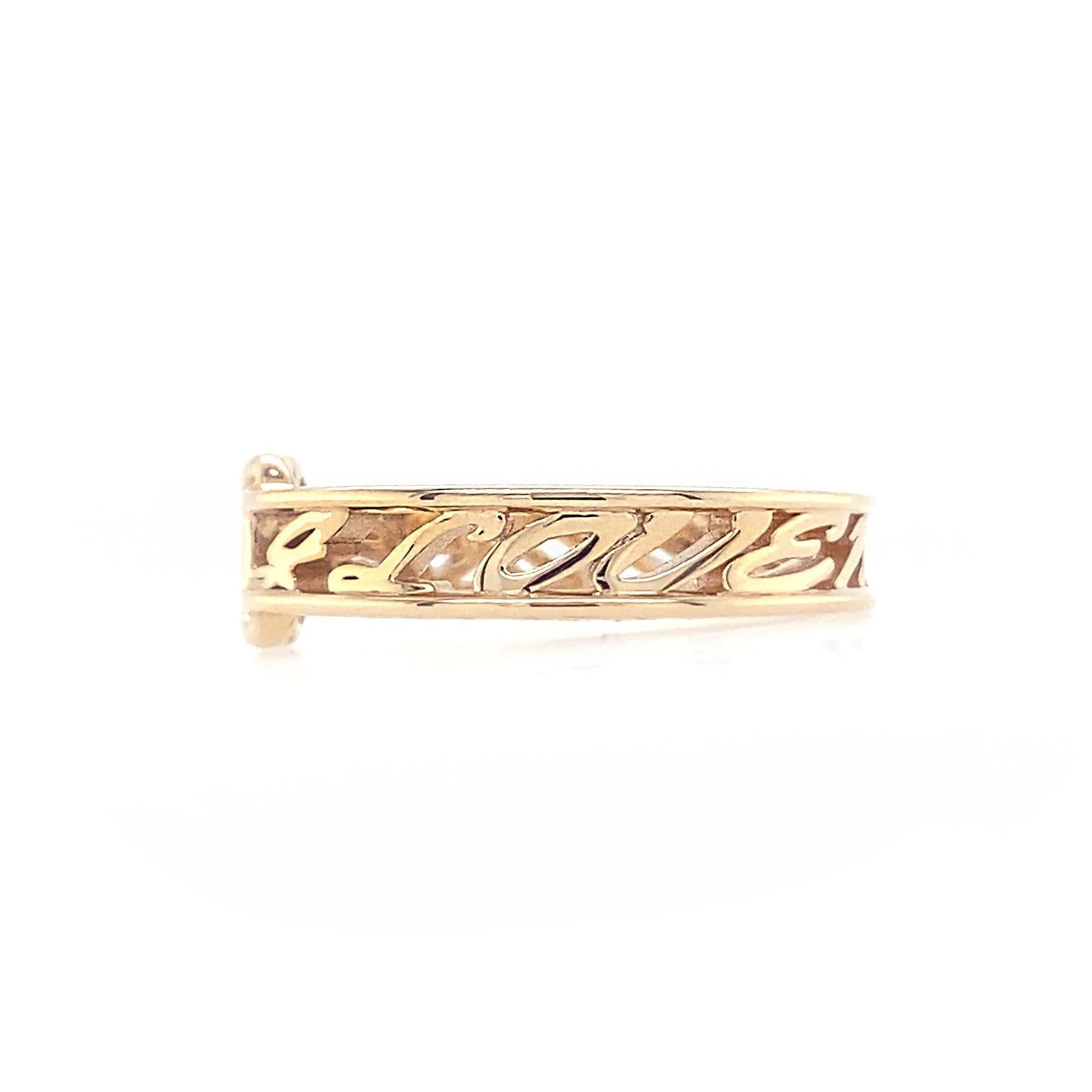 Two slender 18k rose gold bands encase the affectionate message I Love Me More. The dedication in these 4mm block letters is illustrated by detailing the rose gold lifting and intertwining to form a knot. The high polished metal gives this ring an