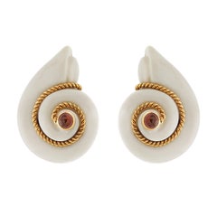 Valentin Magro Smooth Snail Cacholong Earrings with Pink Tourmaline Centre