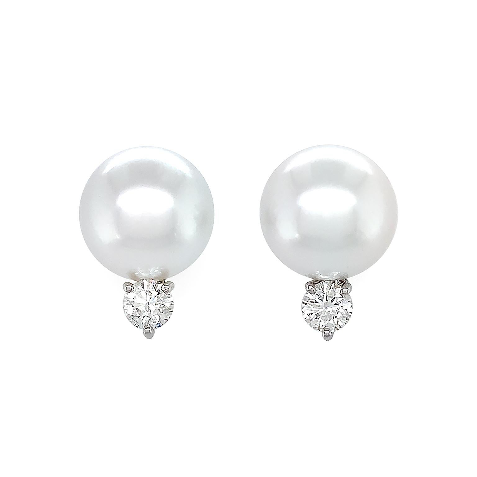 Round Cut South Sea Pearl Diamond Platinum 18K White Gold Stud Earrings