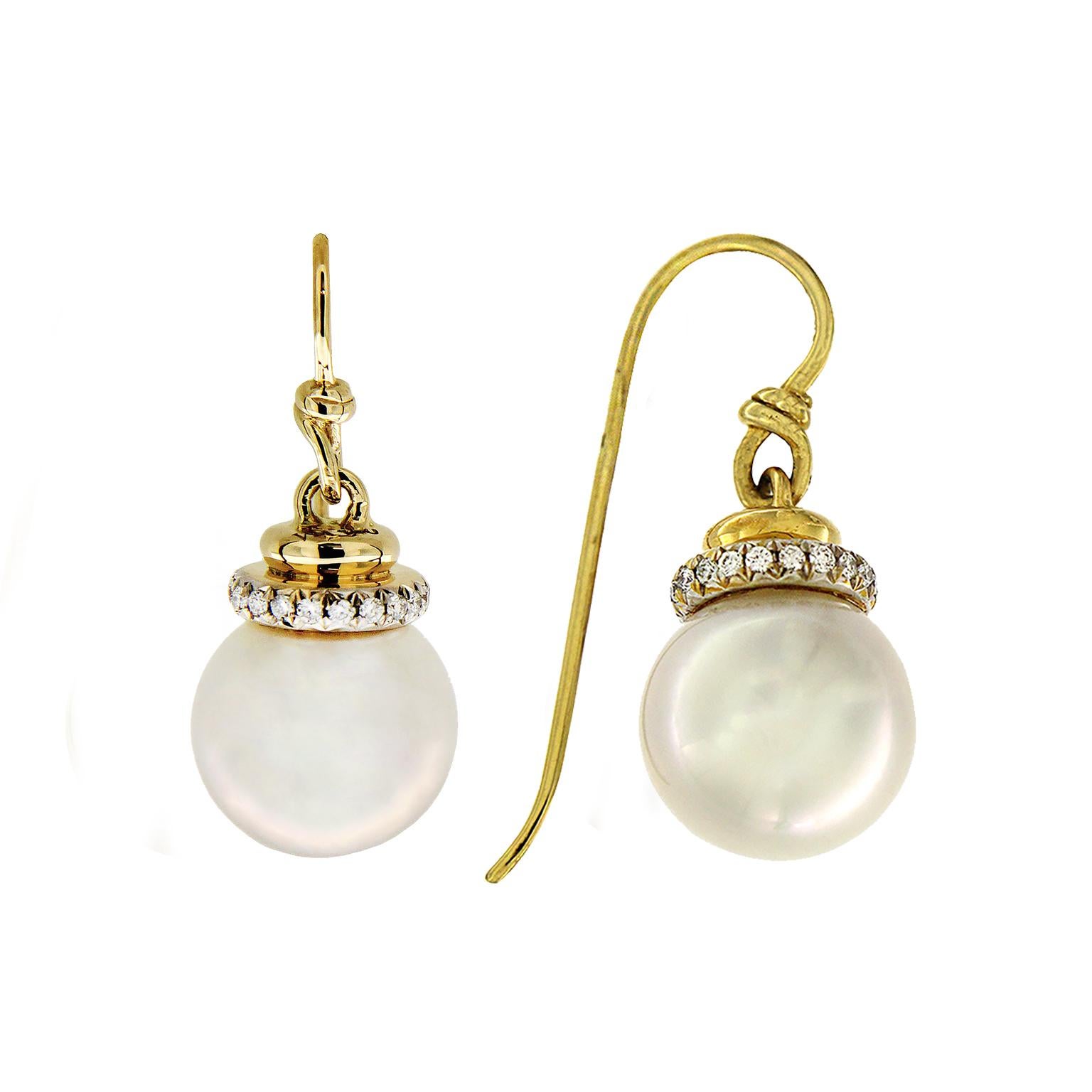 French Cut South Sea Pearl Diamond Cap 18K Yellow Gold Wire Earrings For Sale