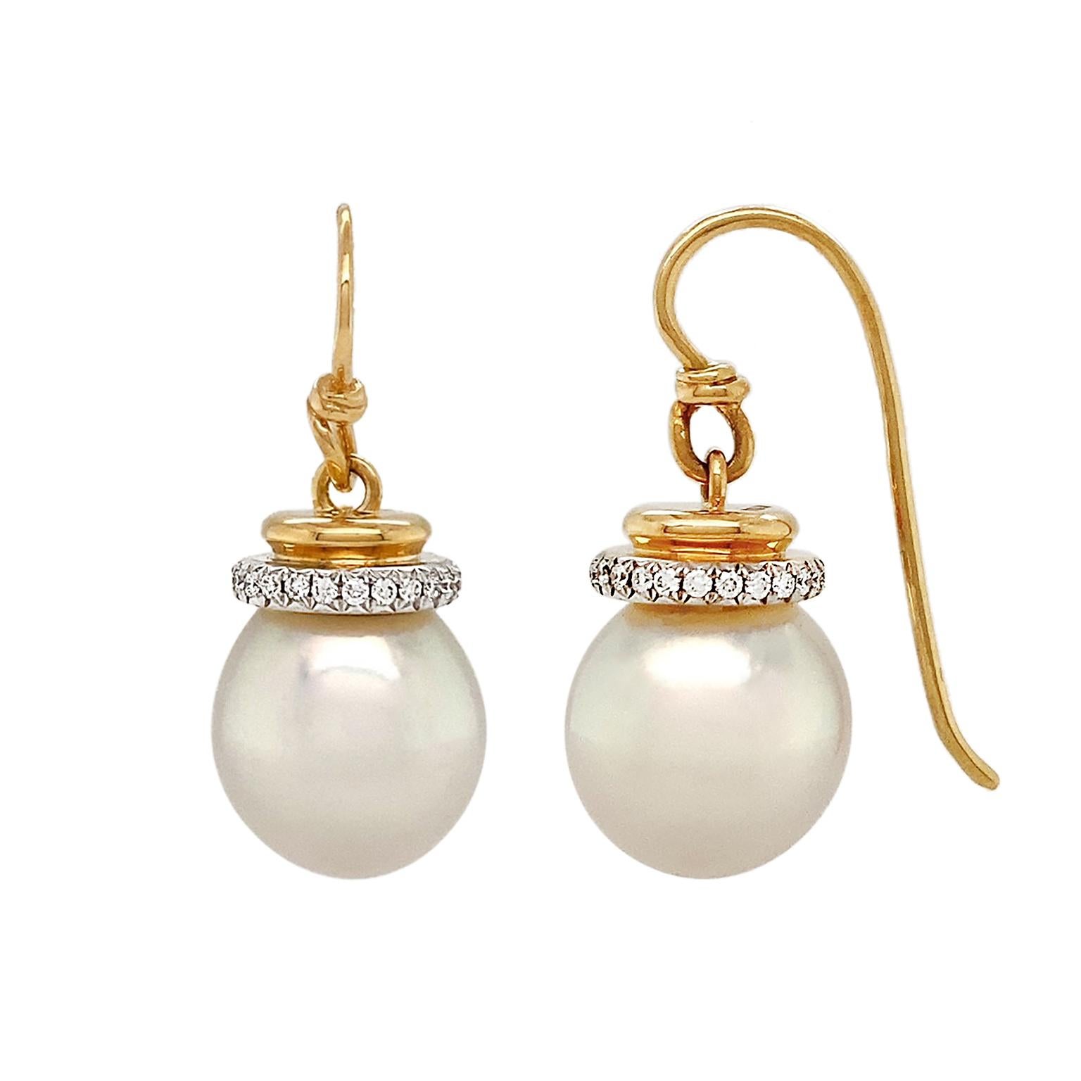 Modern South Sea Pearl Diamond Cap 18K Yellow Gold Wire Earrings For Sale