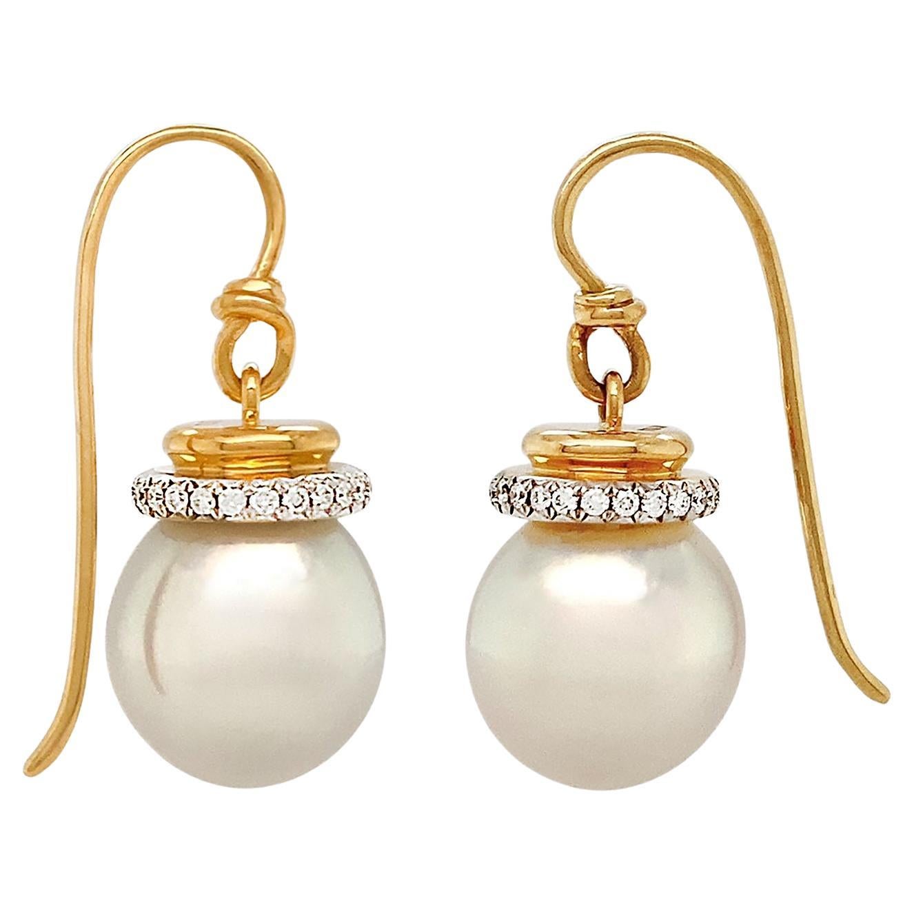 South Sea Pearl Diamond Cap 18K Yellow Gold Wire Earrings For Sale