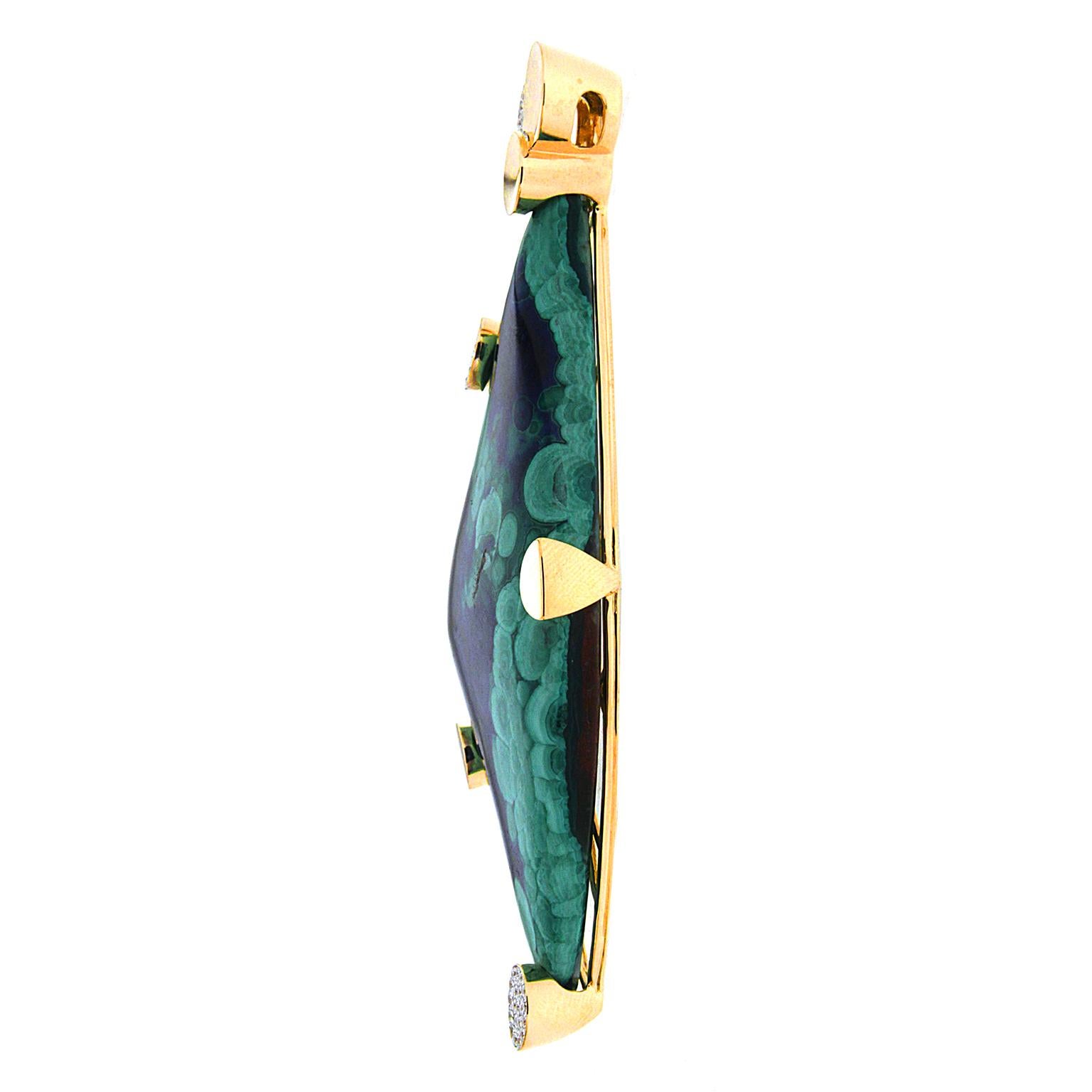 Round Cut \Azurite Malachite and Diamond 18K Yellow Gold Pendant For Sale