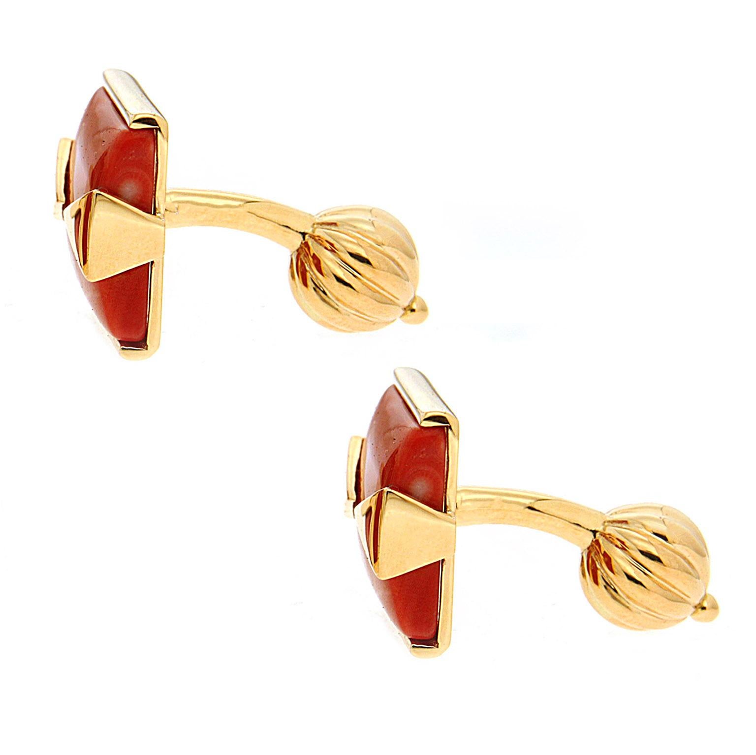 Mixed Cut Special Cut Rectangle Red Coral 18K Yellow Gold Cufflinks For Sale