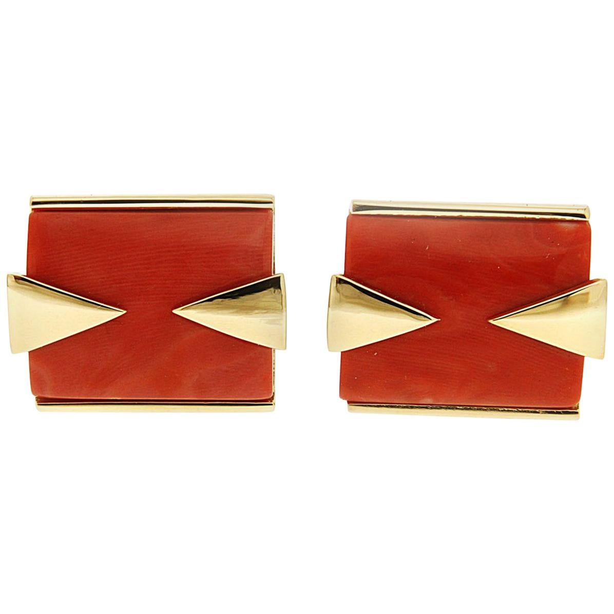 Special Cut Rectangle Red Coral 18K Yellow Gold Cufflinks