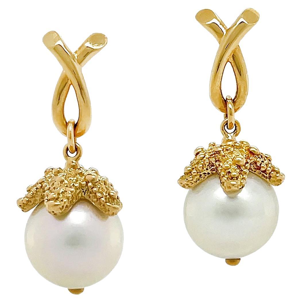 18K Yellow Gold Small Starfish South Sea Pearl Stud Earrings For Sale