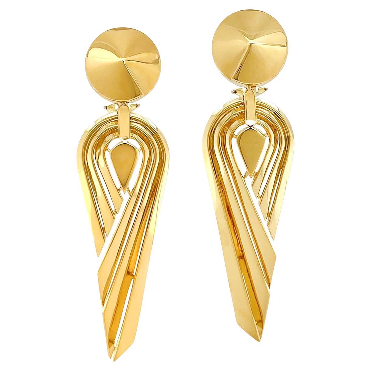 18K Yellow Gold Stepped Deco Dangle Earrings For Sale