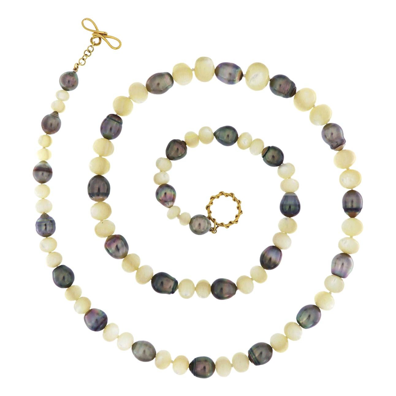 18K Yellow Gold Tahitian Pearl and Mother of Pearl Bead Necklace