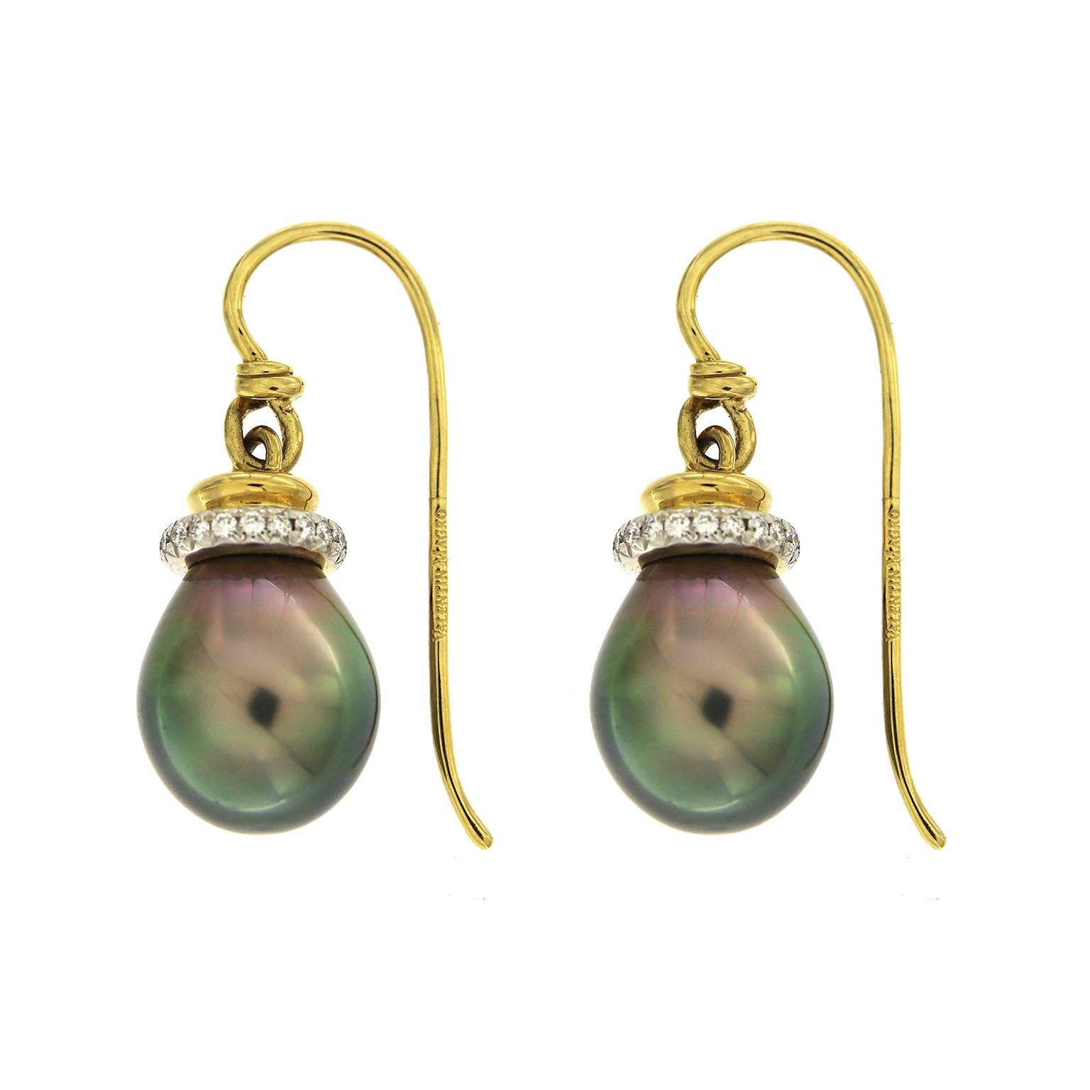 Valentin Magro Tahitian Pearl Earrings with Diamond Cap and French Wire transform white light into rainbows. The base is 18k yellow gold, which forms both the French wire hooks and the cap. Said cap is pave set with round brilliant cut diamonds,