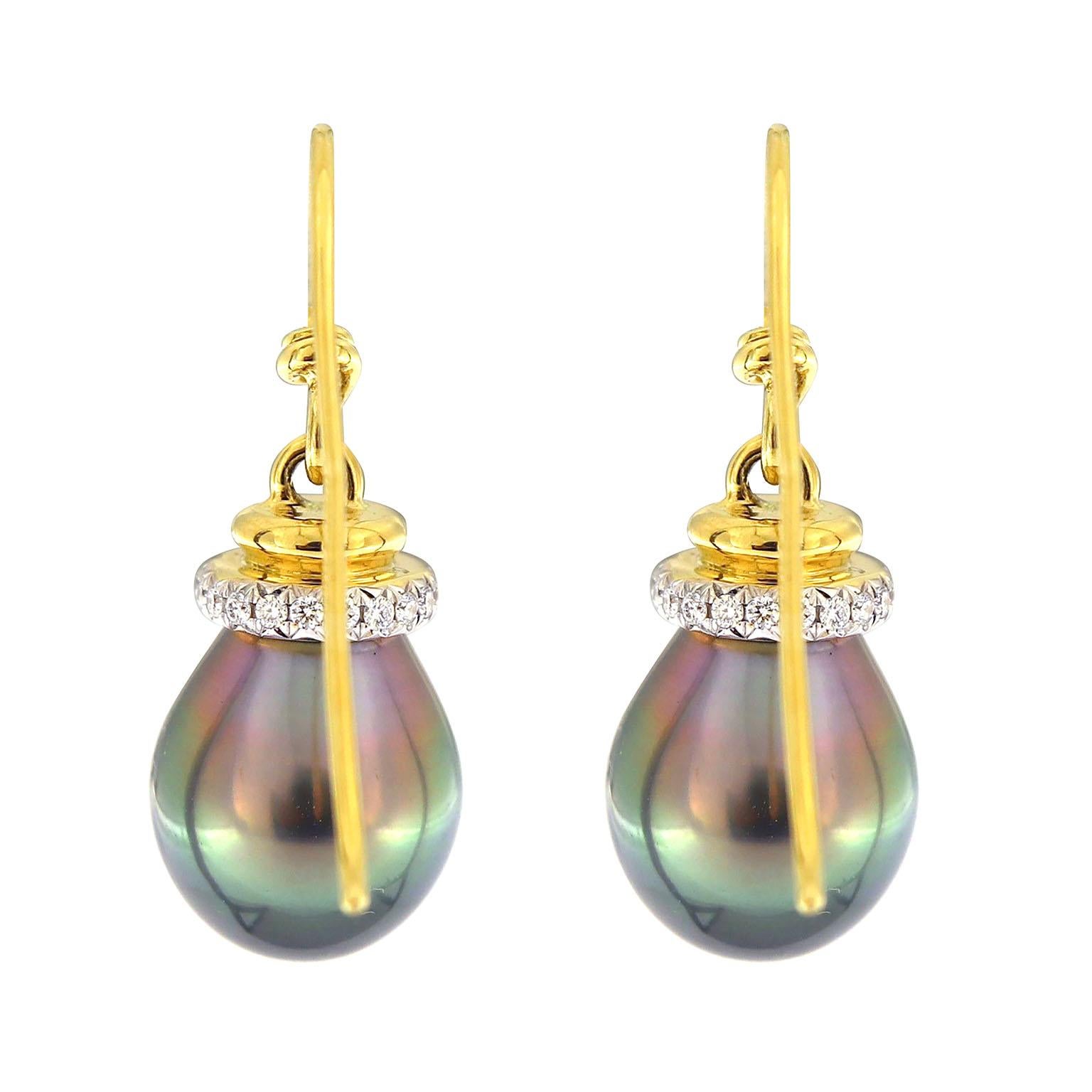 French Cut Valentin Magro Tahitian Pearl Earrings with Diamond Cap and French Wire