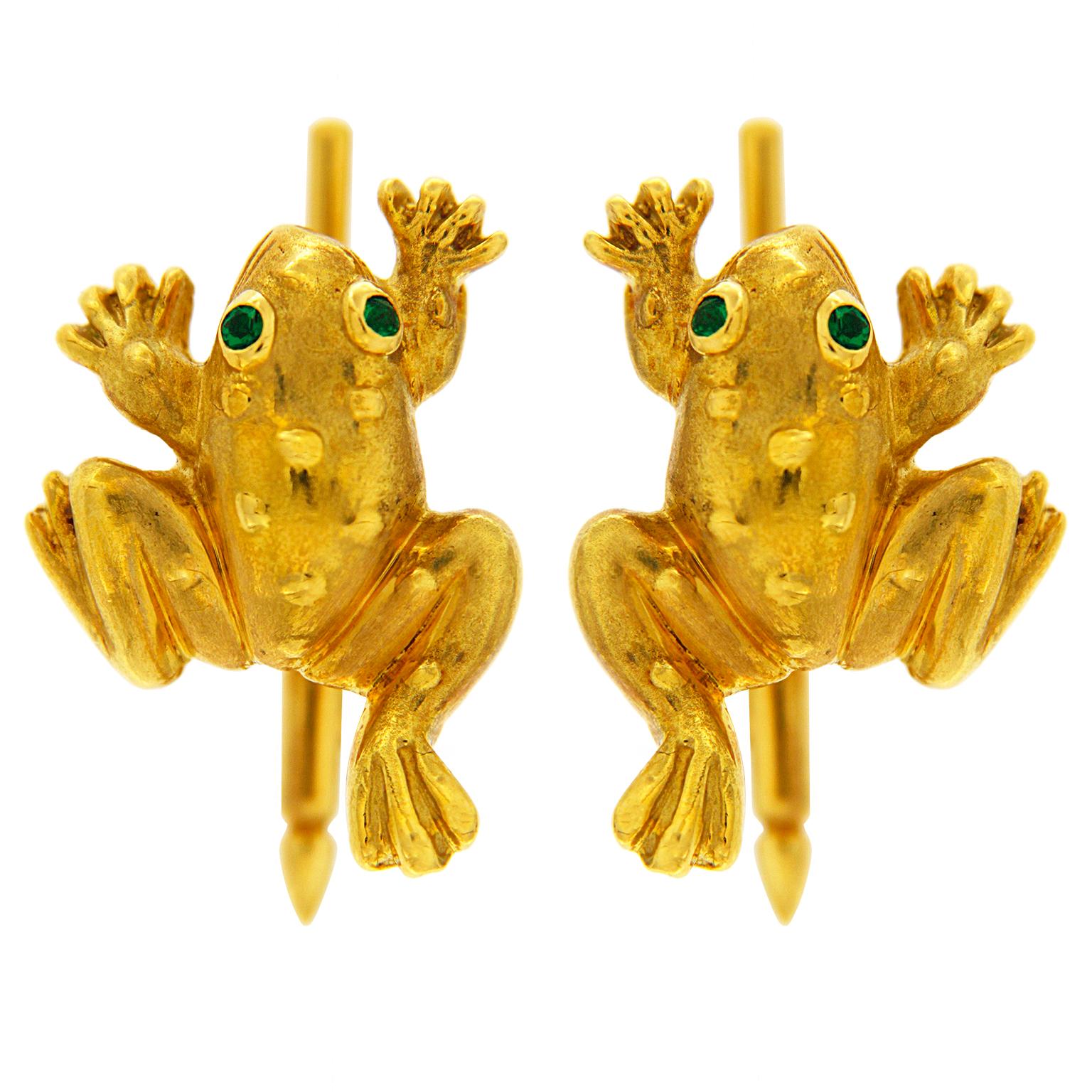 Valentin Magro Textured Gold Frog Shirt Studs feature a whimsical design. The animals are shaped from 18k yellow gold, with One front leg and opposite back leg outstretched, making them appear on the move. While most of their bodies have downplayed
