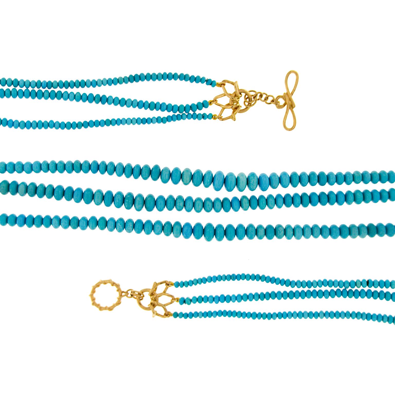 Modern Sleeping Beauty Turquoise Three-Strand 18K Yellow Gold Necklace For Sale