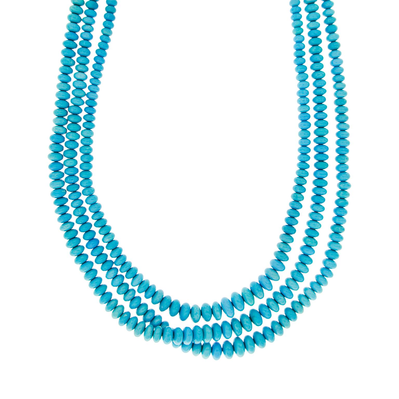 Bead Sleeping Beauty Turquoise Three-Strand 18K Yellow Gold Necklace For Sale