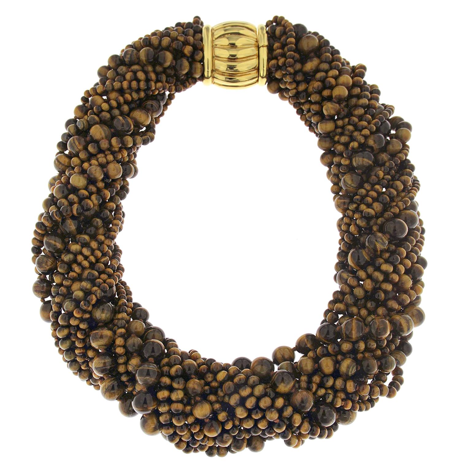 Valentin Magro Tiger's Eye Bead Multi Strand Necklace with Gold Clasp