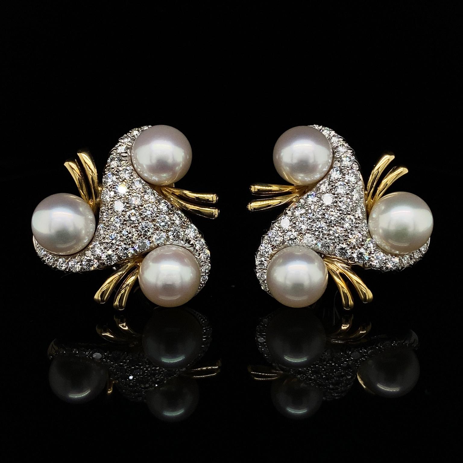Round Cut Triangular Diamond and Pearl Earrings in 18K Yellow and White Gold Earrings For Sale