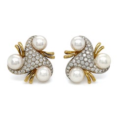 Triangular Diamond and Pearl Earrings in 18K Yellow and White Gold Earrings