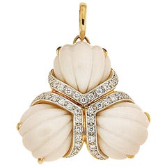 Valentin Magro Triple Fan Hand Carved Cocolon Cacholong Diamond Gold Pendant