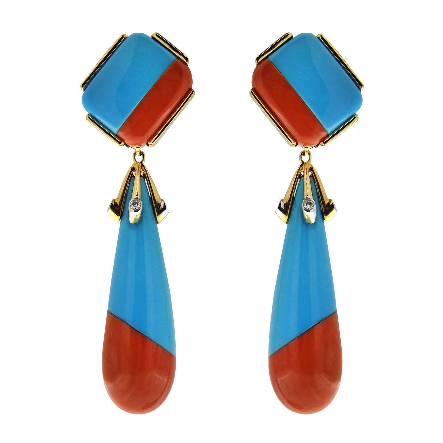 Valentin Magro Turquoise and Coral Diamond Gold Drop Earrings with Diamonds