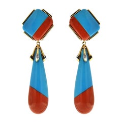 Valentin Magro Turquoise and Coral Diamond Gold Drop Earrings with Diamonds