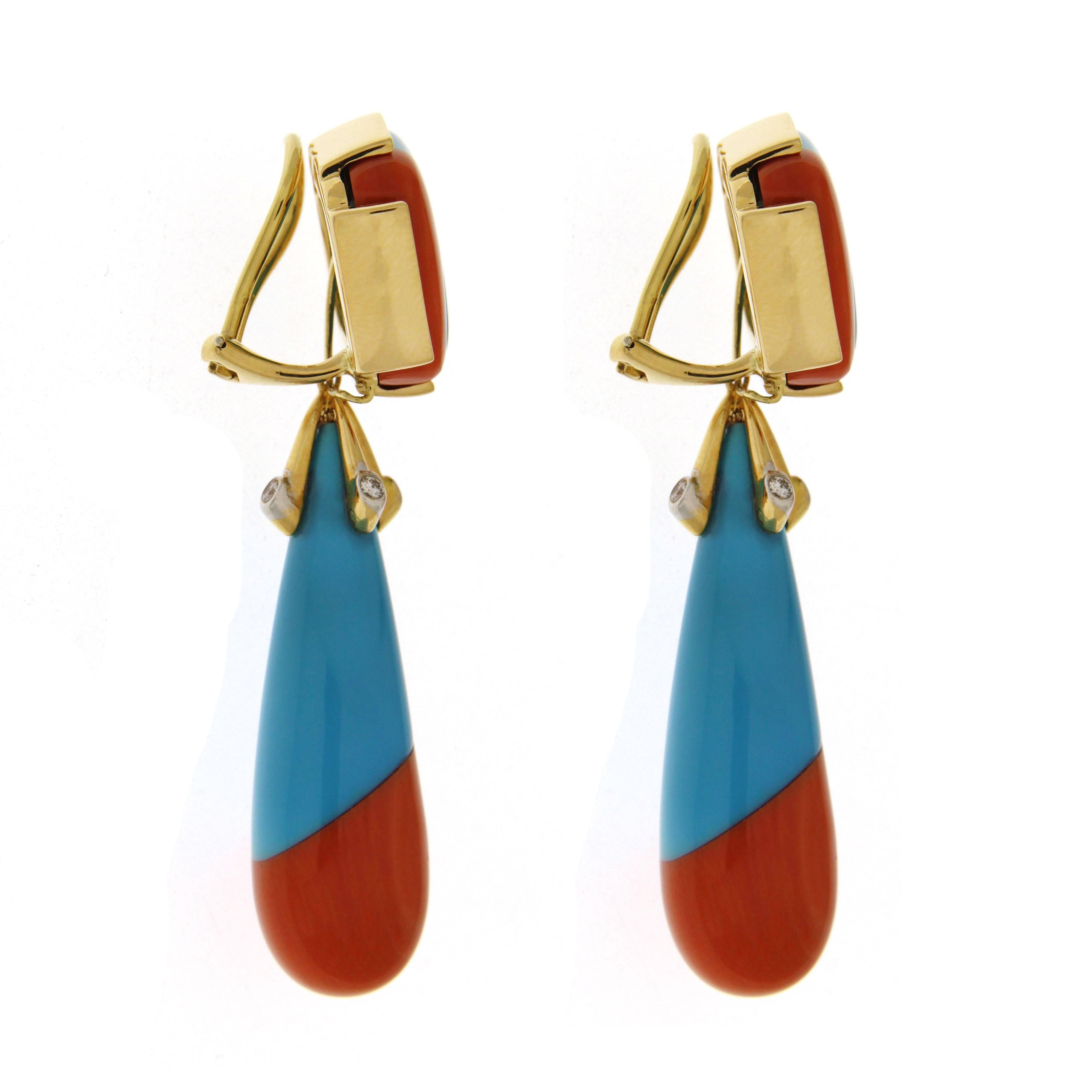 This unique pair of earrings features special cut two tone Turquoise and Coral Cushion with signature gold bar setting and Drop connected with dangling Bezel set Diamond caps. Diamond Total Weight is around 0.19 ctw