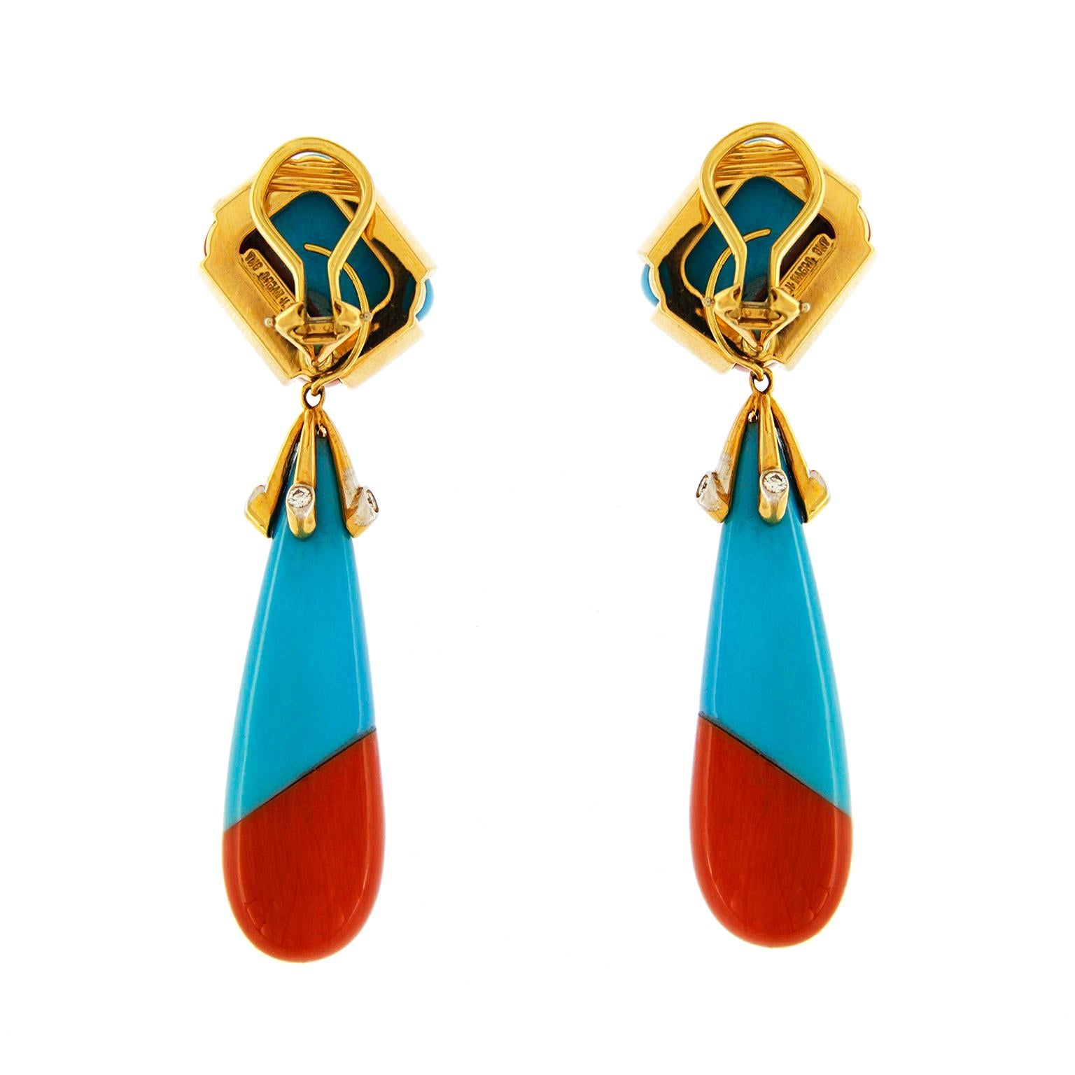 Valentin Magro Turquoise and Coral Diamond Gold Drop Earrings with Diamonds In New Condition In New York, NY