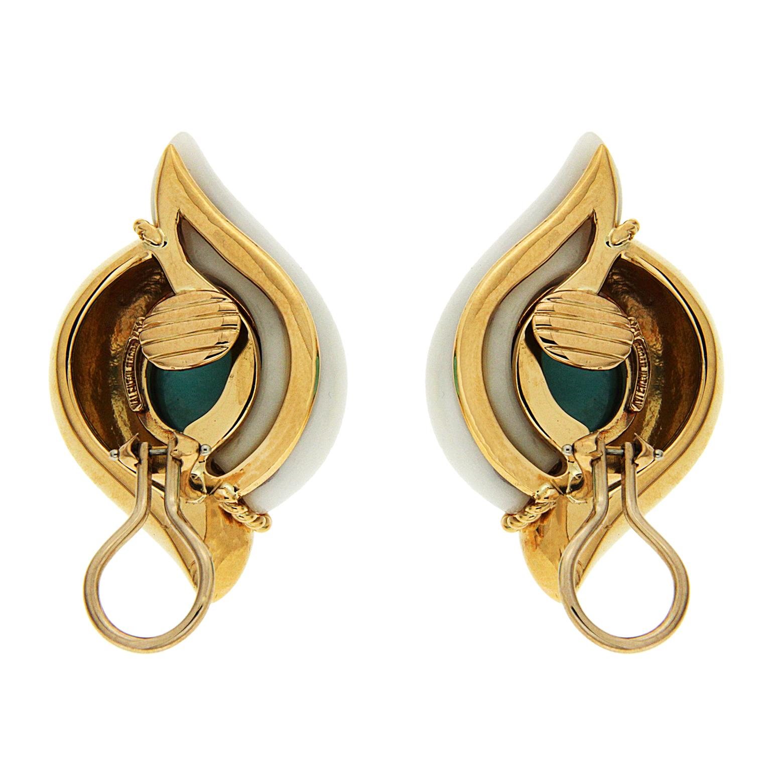 Valentin Magro Turquoise Cacholong Opal Yellow Gold Double Pointed Earrings embraces asymmetry. One half is 18k yellow gold while the other is carved from cacholong opal. The halves are designed to form jaunty angles when they come together. Twisted