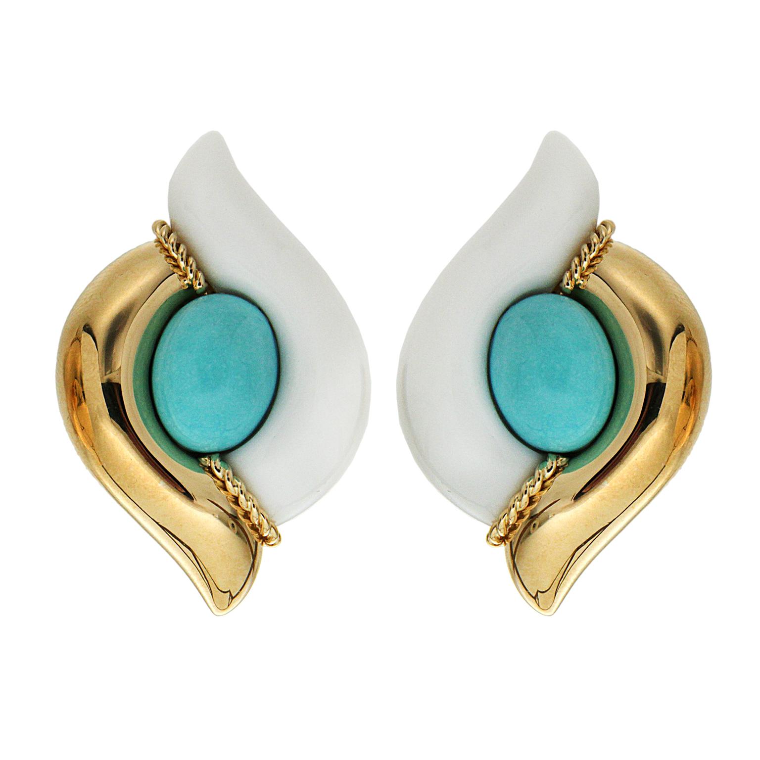 Valentin Magro Turquoise Cacholong Yellow Gold Double Pointed Earrings In New Condition In New York, NY