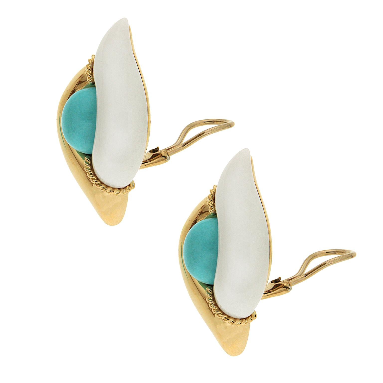 Women's Valentin Magro Turquoise Cacholong Yellow Gold Double Pointed Earrings