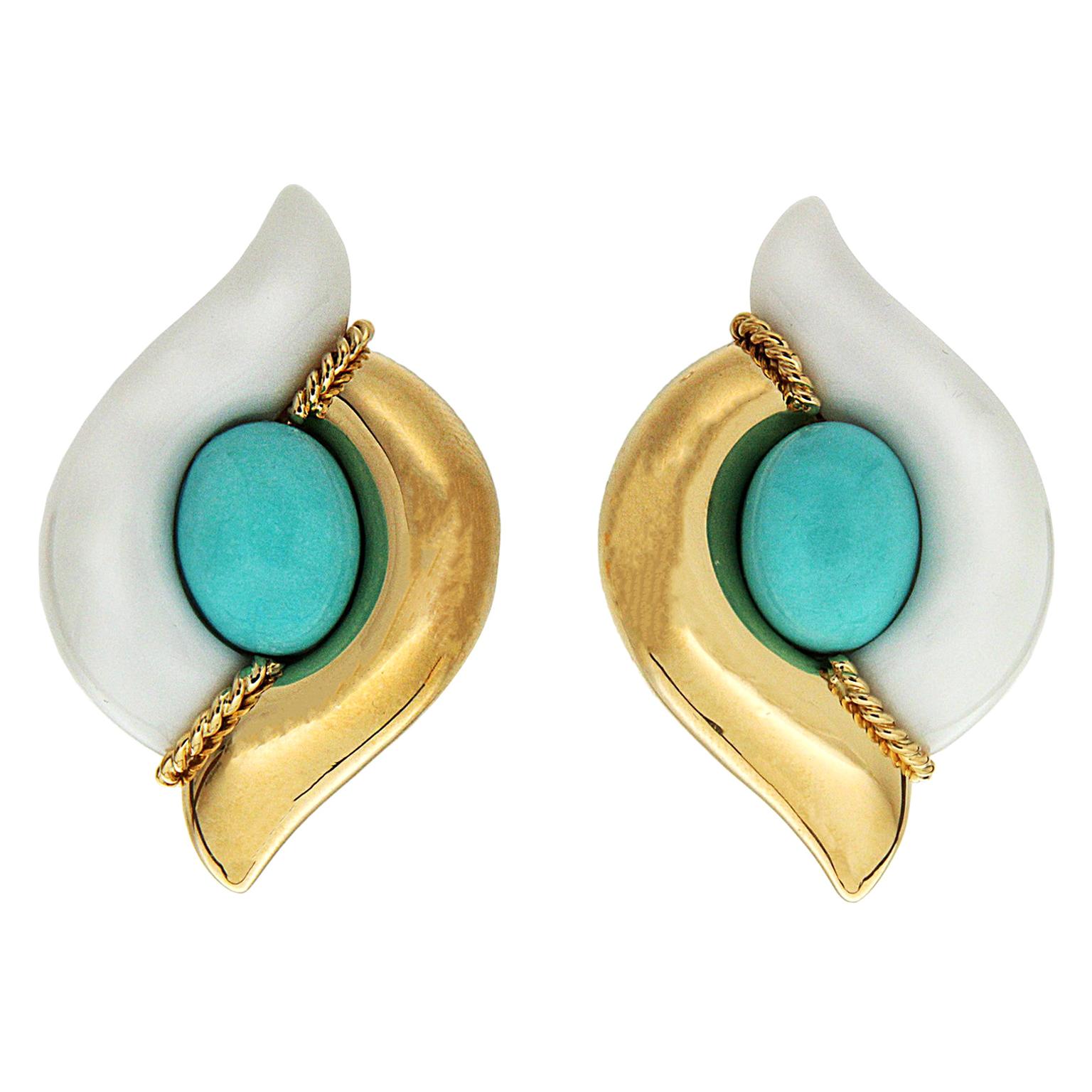 Valentin Magro Turquoise Cacholong Yellow Gold Double Pointed Earrings