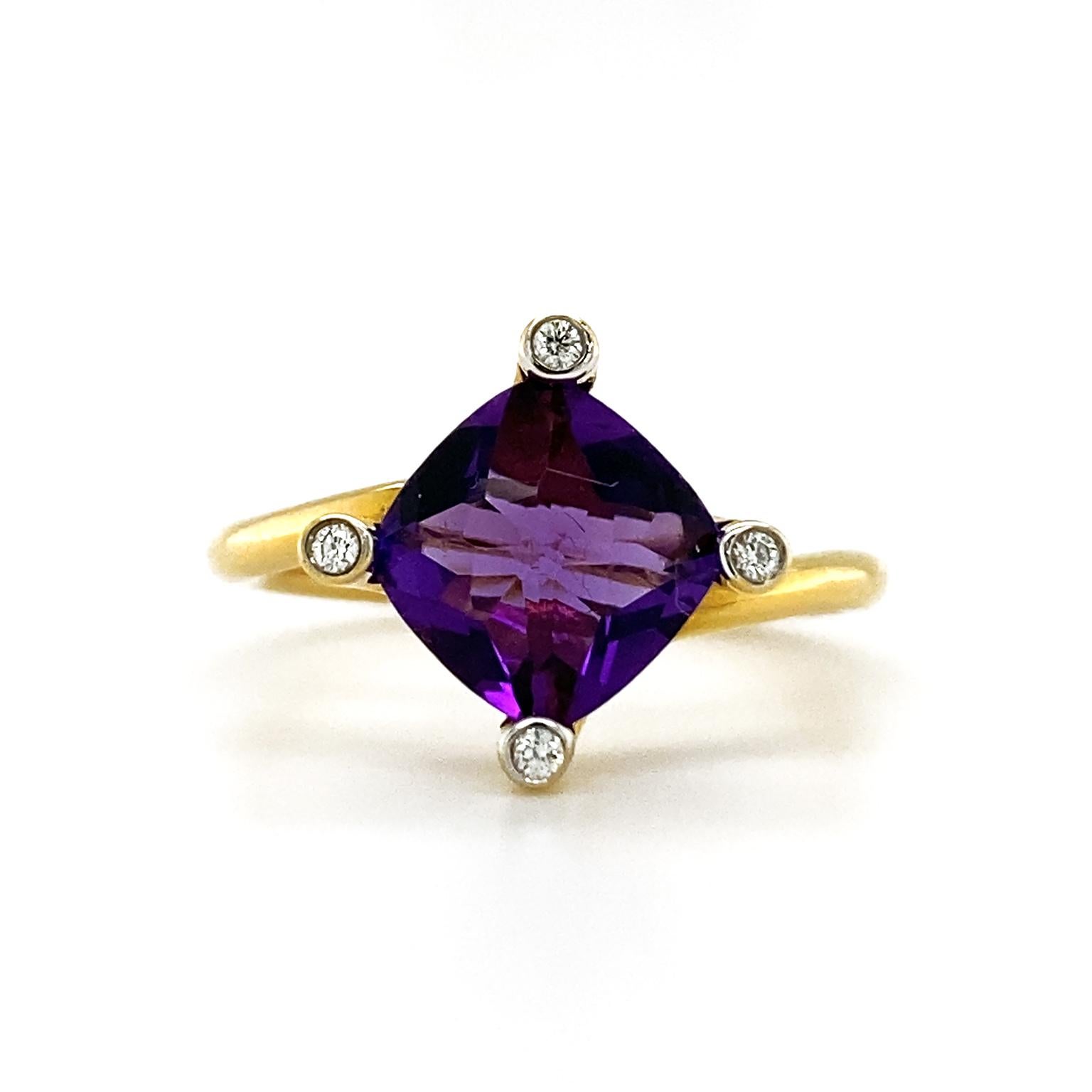 A lustrous cushion cut amethyst is heightened with four bezel set brilliant cut diamonds on each corner. An 18k yellow gold band is oblique as the finishing touch. The weight of the amethyst is 1.84 carats and the diamonds weigh a total of .04
