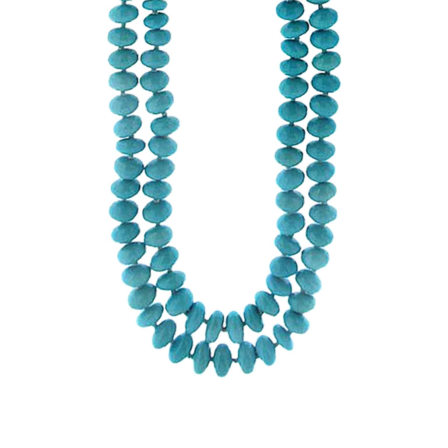Two-Strand Sleeping Beauty Turquoise Rondelle 18K Yellow Gold Necklace In New Condition In New York, NY