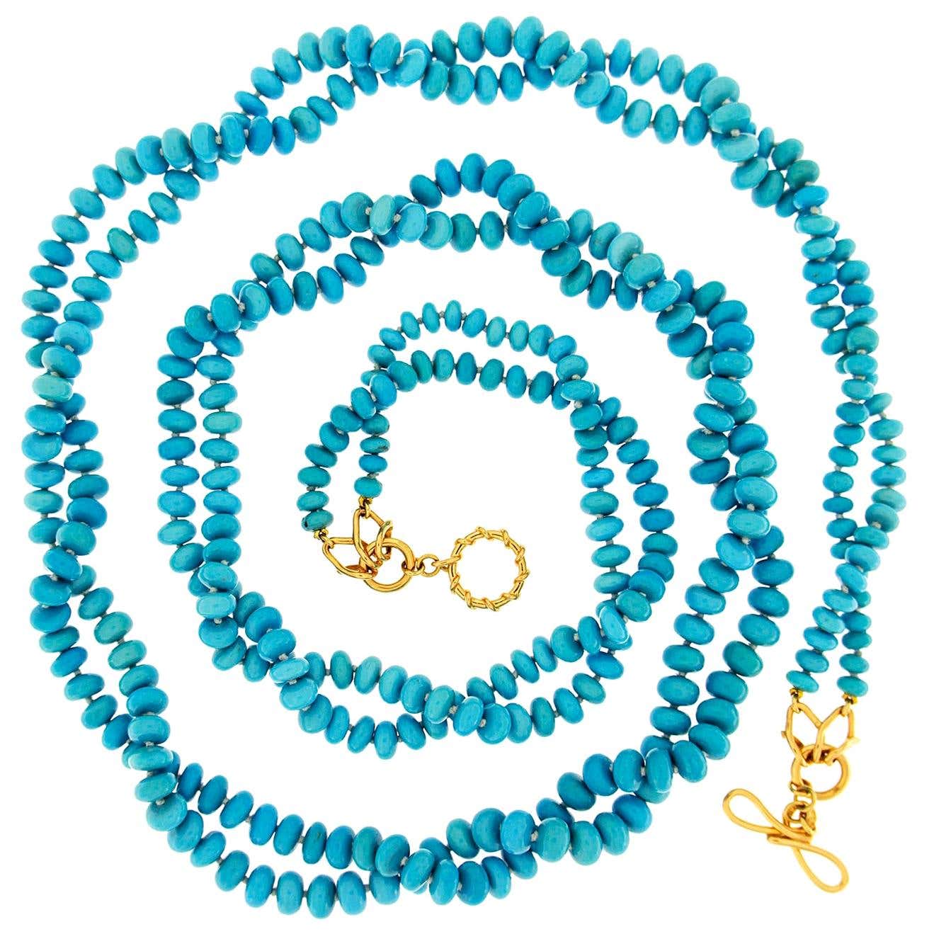 Two-Strand Sleeping Beauty Turquoise Rondelle 18K Yellow Gold Necklace ...