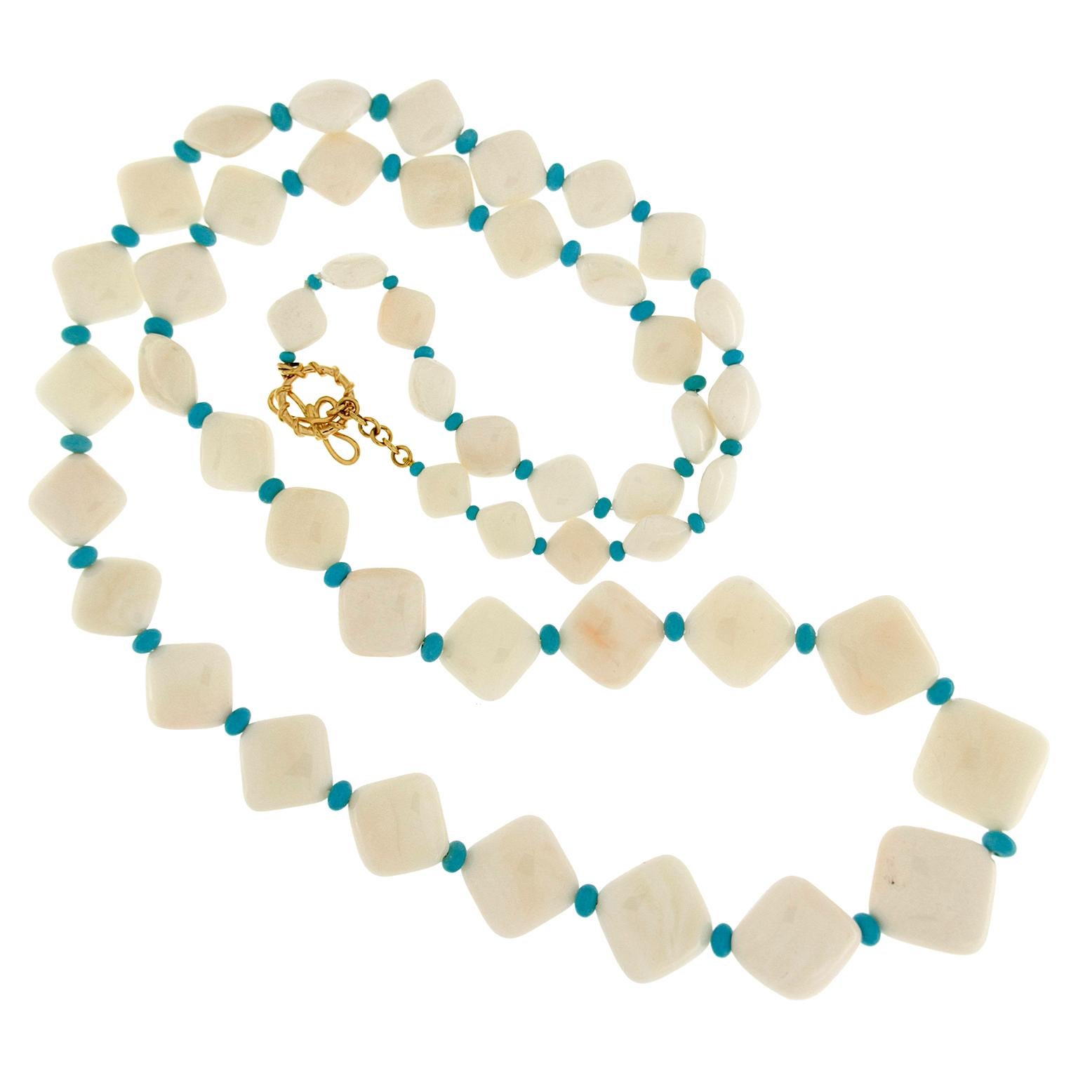 White Coral chicklets and turquoise necklace with medium ring and toggle in 18kt yellow gold.  