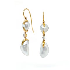 White Keshi and Diamond 18K Yellow Gold Drop Earrings