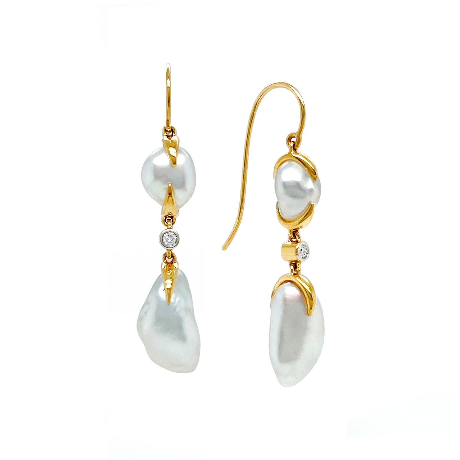 Brilliant Cut White Keshi and Diamond 18K Yellow Gold Drop Earrings For Sale