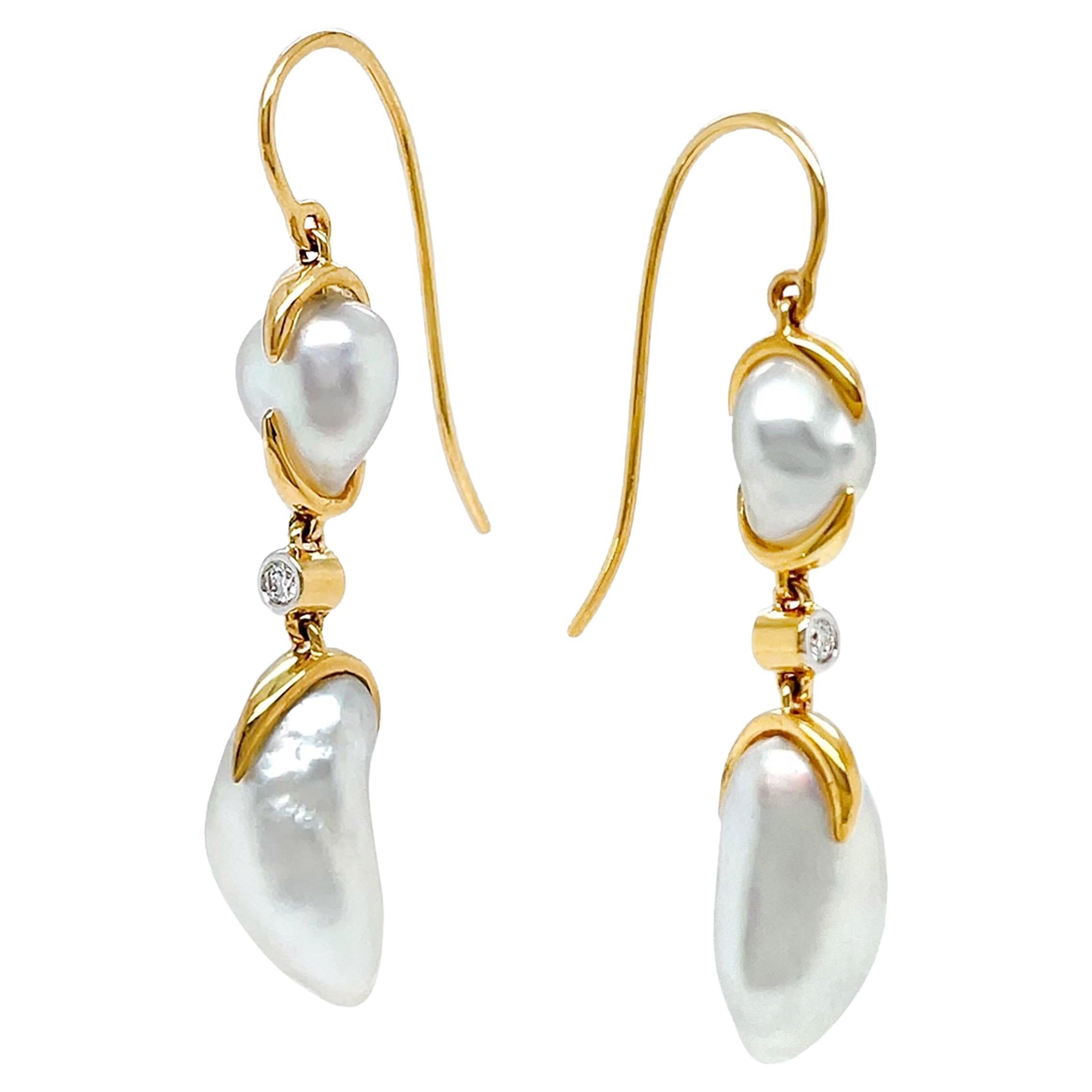 White Keshi and Diamond 18K Yellow Gold Drop Earrings For Sale