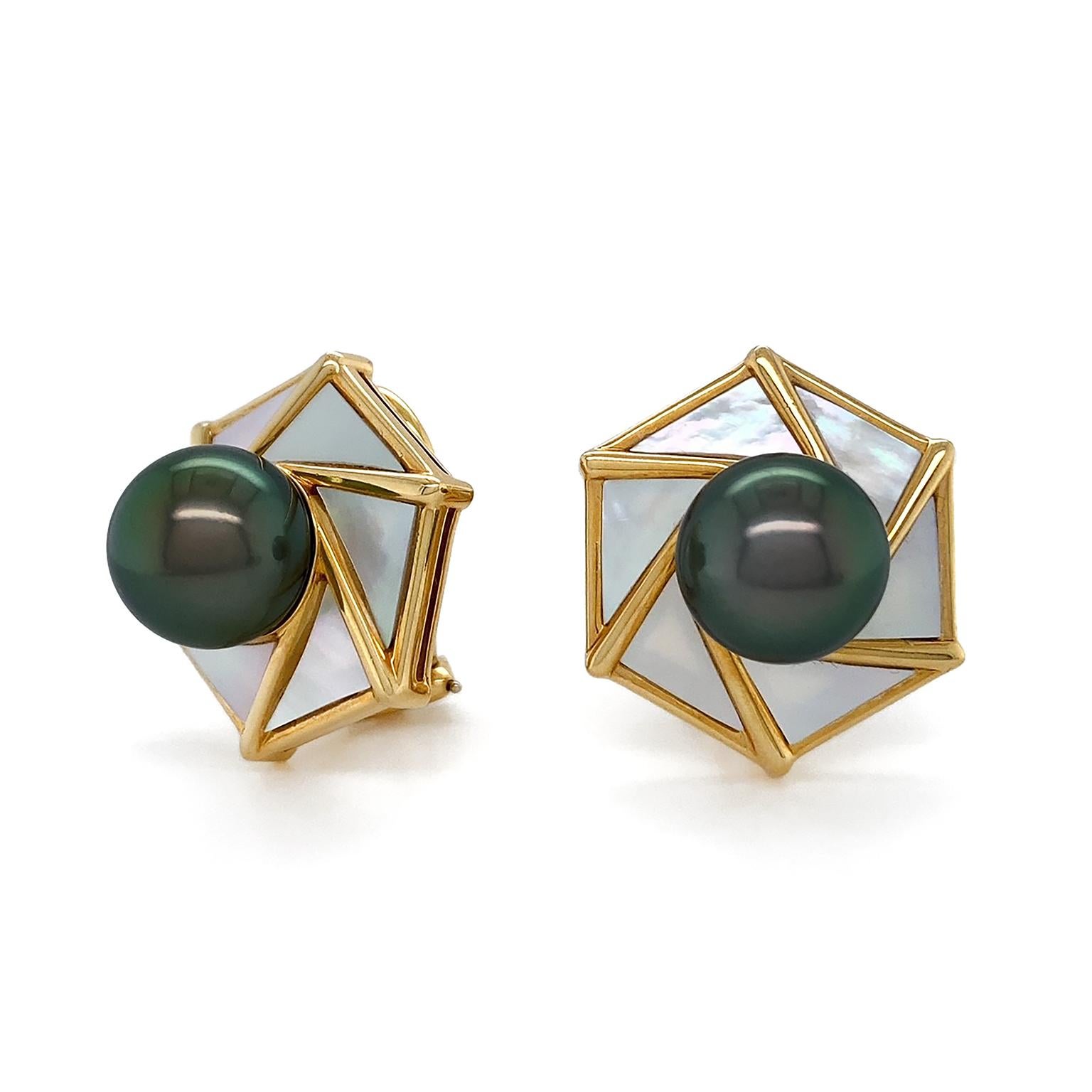 White Mother of Pearl borders a Tahitian pearl while complemented by 18k yellow gold. For these iridescent earrings, specially cut White Mother of Pearl forms six pieces measuring 8.5 by 6mm, with a total weight of 12 carats. 18k yellow gold metal