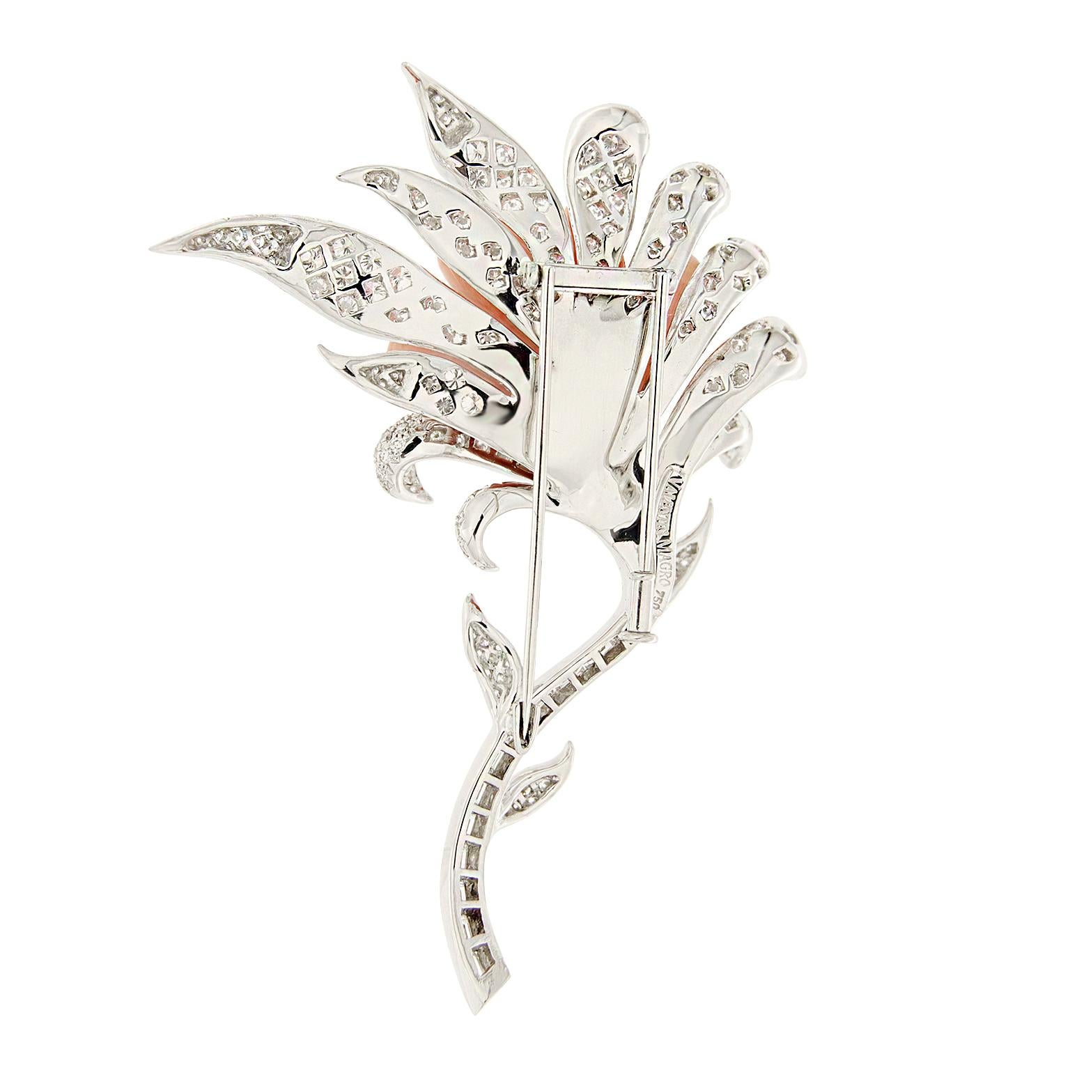 Baguette Cut Valentin Magro Windblown Diamond and Coral Brooch