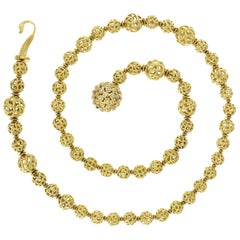 Woven Ball 18 Karat Yellow Gold Diamond Lariat Necklace